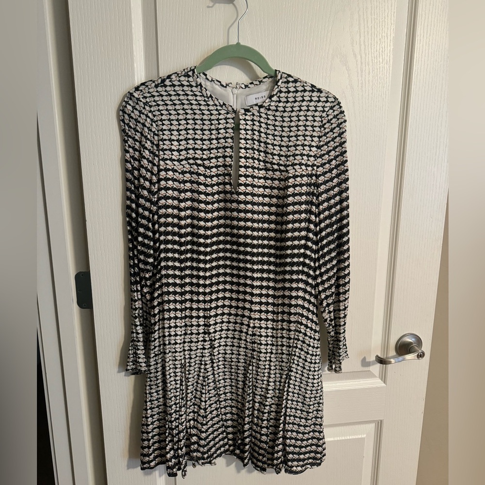 Reiss Evie Pleated Geometric Print Mini Black & White Dress Size 10
